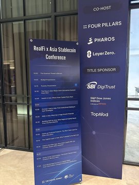 A banner for the 'RealFi x Asia Stablecoin Conference' lists co-hosts including Four Pillars, Pharos, and LayerZero, with title sponsors SBt DigTrust, S&P Dow Jones Indices, and TopMod.