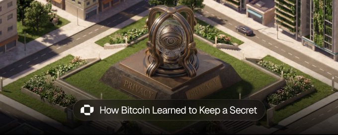 The image features an advertisement with a large statue of a coin placed in a park-like setting, surrounded by trees and grass. The text above the statue reads "How Bitcoin Learned to Keep a Secret" and below it says "Focus on what is in the image and how it relates to the post."