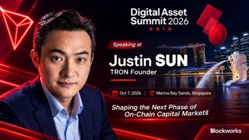 Promotional graphic for the Digital Asset Summit 2026 featuring a portrait of Justin Sun, TRON Founder, announcing his speaking engagement on October 7, 2026, at Marina Bay Sands, Singapore, with the panel topic "Shaping the Next Phase of On-Chain Capital Markets," directly aligning with the post's announcement of his participation in the event.