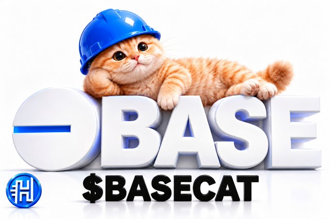 A promotional image for the cryptocurrency token '$BASECAT', featuring an orange cat wearing a blue hard hat resting on the 3D word 'BASE'.