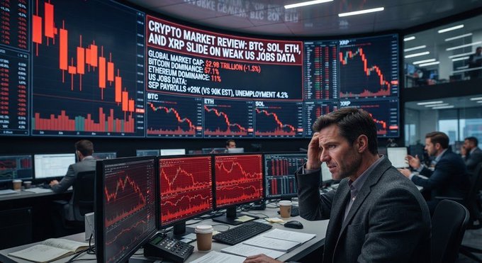 A trader looking distressed at multiple monitors showing a 'Crypto Market Review' with red downward graphs and headlines about BTC, SOL, ETH, and XRP sliding on weak jobs data.
