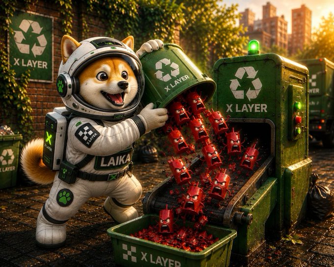 A 3D-rendered illustration of a dog in an astronaut suit labeled 'LAIKA' dumping red angry creatures into a recycling machine branded with 'X LAYER' recycling symbols in an urban setting.