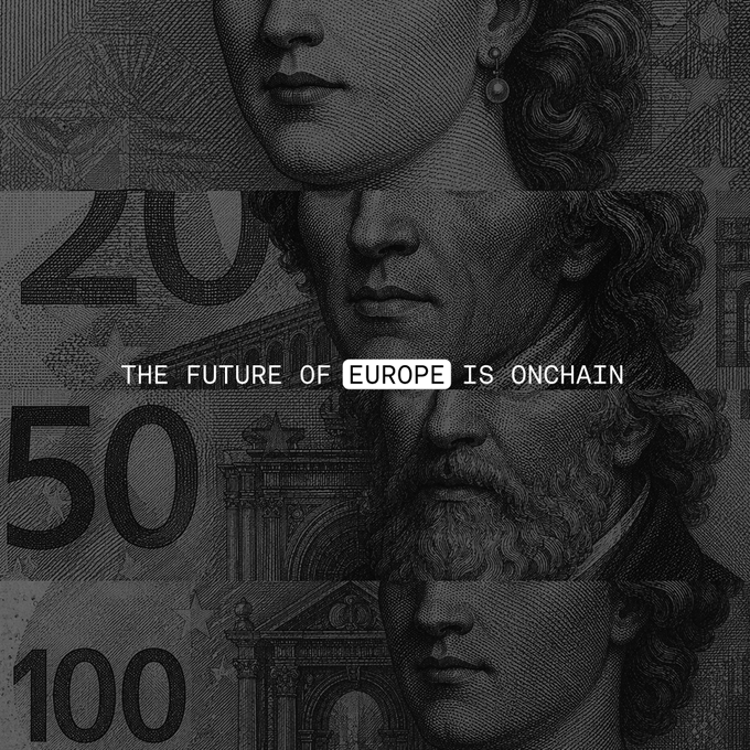 A grayscale graphic featuring stacked classical statues and Euro banknotes (20, 50, 100) with the overlaid text "THE FUTURE OF EUROPE IS ONCHAIN".