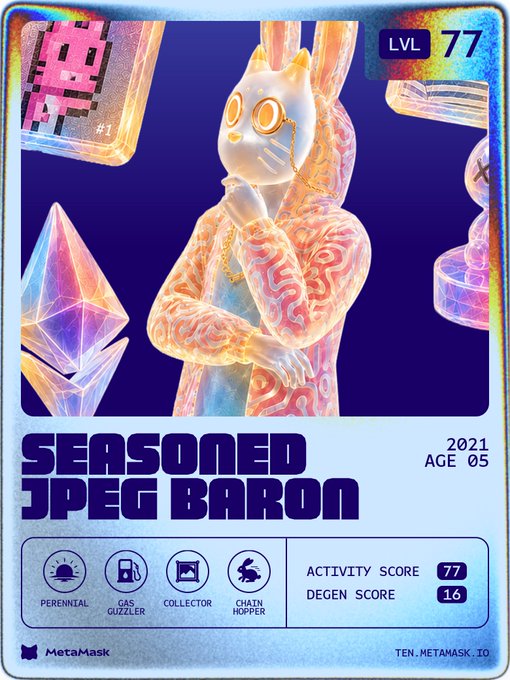 A holographic-style digital trading card titled 'SEASONED JPEG BARON' at LVL 77, featuring a cat-like character with a monocle, showing an Activity Score of 77 and Degen Score of 16, branded with MetaMask.