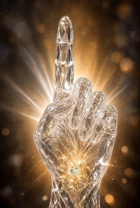 A sparkling crystal/glass sculpture of a hand pointing upward with the index finger extended, glowing with golden light against a dark background.