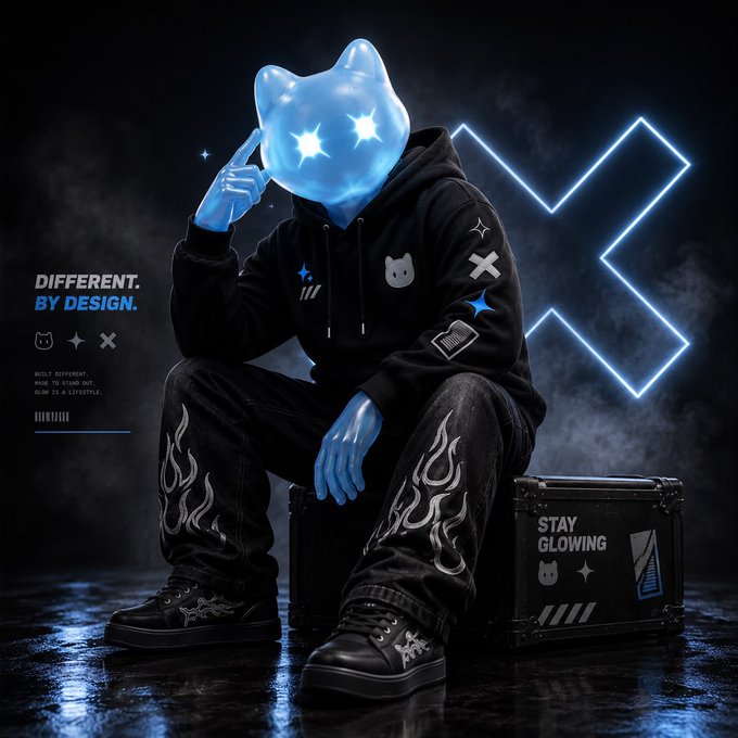 A digital artwork depicts a glowing blue cat-headed figure sitting on a black case labeled 'STAY GLOWING', wearing a black hoodie and flame-patterned pants, with the text 'DIFFERENT. BY DESIGN.' and a large blue neon 'X' in the background.