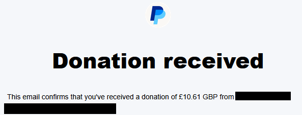 A PayPal donation confirmation email showing £10.61 GBP received, paired with a skeptical Vietnamese caption warning that financial markets reward greed and excitement at the recipient's peril.