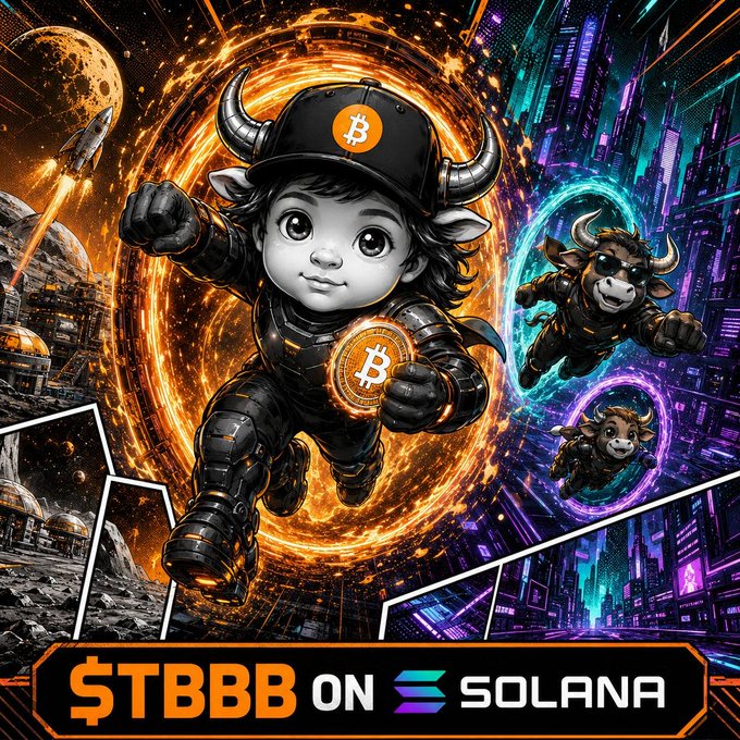 A digital illustration shows a horned, cartoonish character holding a Bitcoin coin, accompanied by flying bulls and the text '$TBBB ON SOLANA' at the bottom.