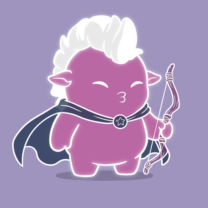 A cute cartoon character of a pink sheep with white fluffy wool, wearing a dark cape and holding a bow and arrow against a purple background.