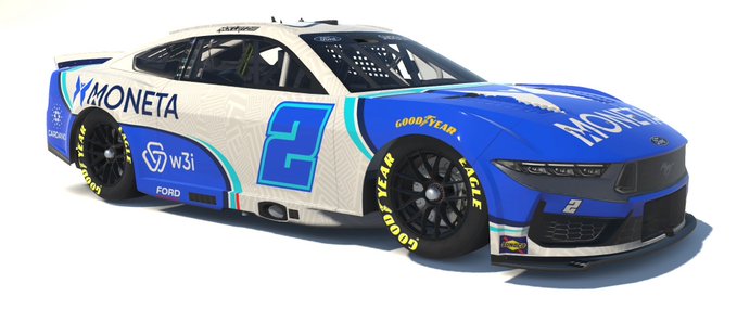 A blue and white #9 Ford Mustang stock car featuring "MONETA" sponsorship and "w3i" branding is shown as a digital rendering. The tribute to @bone_pool suggests this car design was likely associated with the late user, serving as a memorial to their connection to racing or the Moneta-sponsored vehicle.
