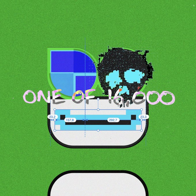 The image features a green background with white text that says "One of 16,000" and "Opepen friends, the time has come to release my biggest remix challenge since 202 when I started remixing the famous silhouette that we all love and think about 24/7". The text is in black and white.