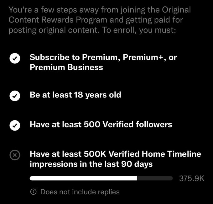 A Twitter/X Original Content Rewards Program enrollment screen showing requirements: Subscribe to Premium/Premium+/Premium Business, be at least 18 years old, have at least 500 verified followers (checked), and have at least 500K verified home timeline impressions in the last 90 days (at 375.9K, not yet met).