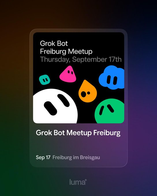 A promotional graphic for the 'Grok Bot Meetup Freiburg' event on September 17 in Freiburg im Breisgau, featuring colorful blob characters.