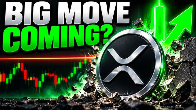 A graphic shows the XRP cryptocurrency logo breaking through rocks with the text 'BIG MOVE COMING?' and green upward arrows alongside a candlestick chart.