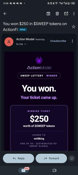 A mobile phone screenshot showing an email notification from ActionFi/ActionModel stating "You won $250 in $SWEEP tokens" with details about a sweep lottery winning ticket issued to "wrlcking".