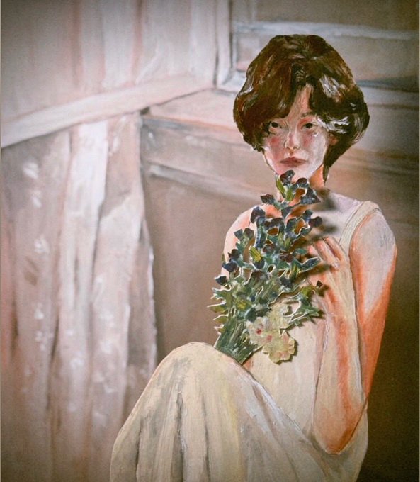 The image features a painting of a woman holding flowers, with her head tilted back as if she's about to sneeze or sniffle. The background includes a window and curtains, giving the scene an artistic touch. The caption "good morning! A slice of memory" is written above the painting, which seems to be related to the artist's work.