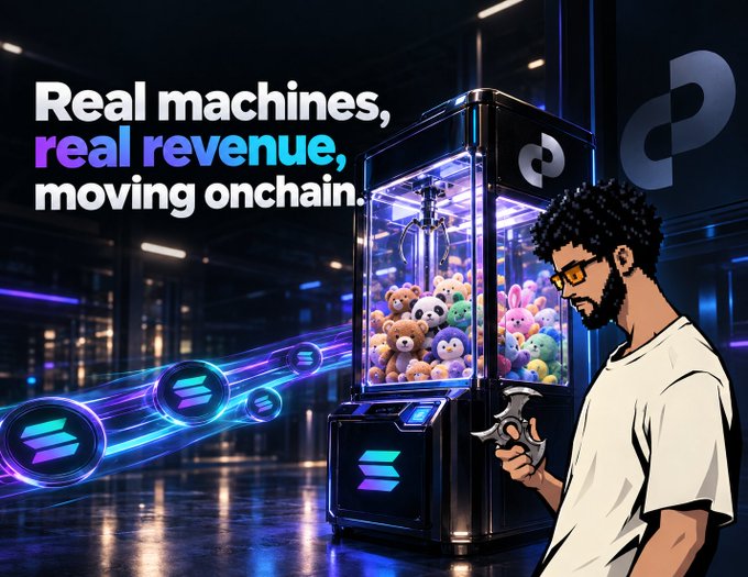 A promotional image with text 'Real machines, real revenue, moving onchain' featuring a Solana (SOL) branded claw machine filled with stuffed animals and a character holding a claw.