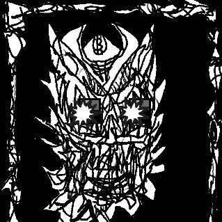 A high-contrast, stylized black and white illustration depicts a monstrous, robotic skull or demonic face with glowing, star-shaped eyes.