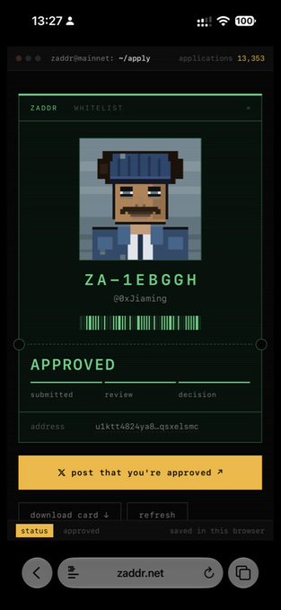 Mobile browser screenshot of a ZADDR whitelisting application page showing an 'APPROVED' status for user @0x3iaming with wallet address u1ktt4824ya8_qsxelsmc, featuring a pixel art character avatar.