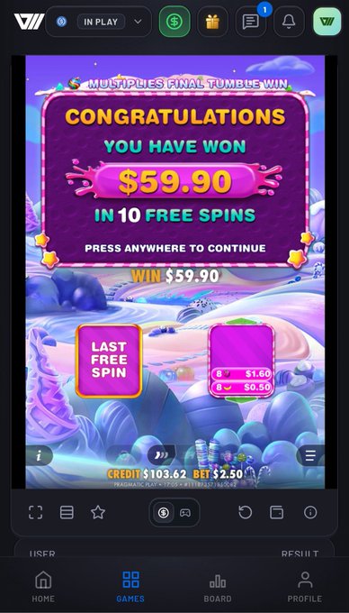 A mobile screenshot of the Vault casino app displays a "CONGRATULATIONS YOU HAVE WON $59.90 IN 10 FREE SPINS" pop-up, showing a $103.62 credit balance from a starting $2.50 bet, confirming the user's winning session on the platform.