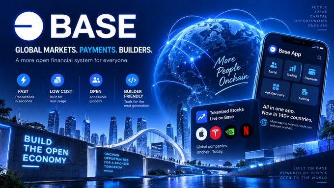 A promotional banner for "BASE" advertising global markets, payments, and builders with the tagline "More People Onchain", showing a smartphone app interface and a futuristic cityscape.