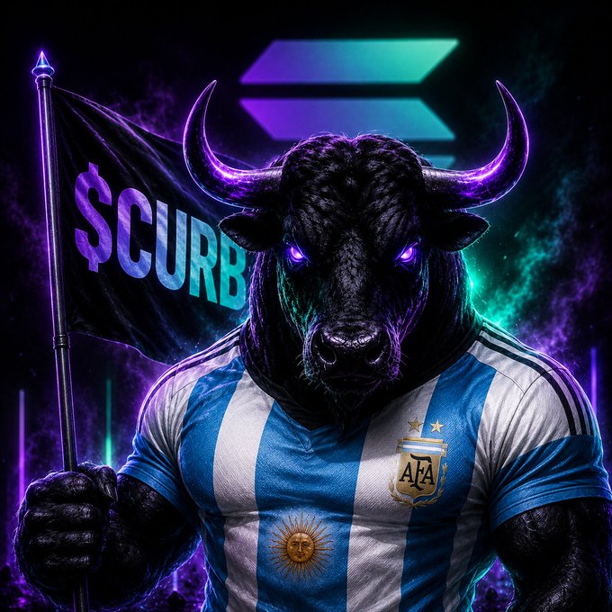 Crypto artwork showing a black bull with glowing purple eyes wearing an Argentina national football jersey, holding a black flag emblazoned with the $CURB logo, with the Solana logo in the background.