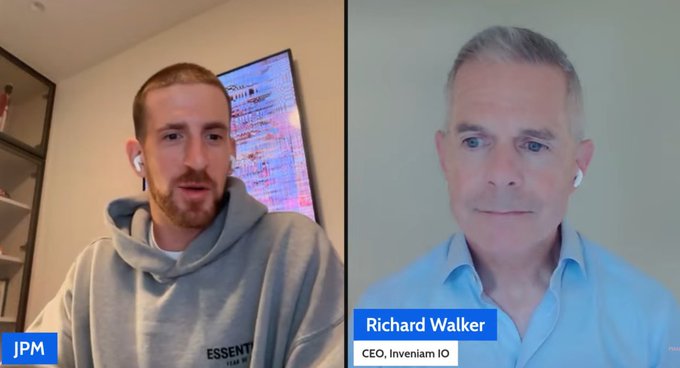 A split-screen video interview between a man labeled 'JPM' in a grey hoodie and Richard Walker, CEO of Inveniam IO, in a light blue shirt.