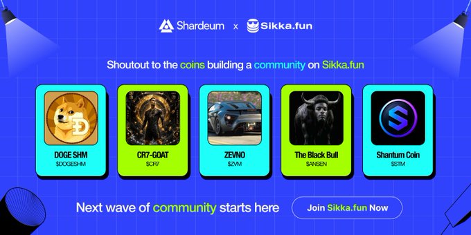 A promotional banner for a Shardeum x Sikka.fun collaboration showcases five featured community coins: DOGE SHM ($DOGESHM), CR7-GOAT ($CR7), ZEVNO ($ZVM), The Black Bull ($SNSBN), and Shantium Coin ($STM), with a call-to-action inviting users to join Sikka.fun and discover the next wave of community-driven tokens.
