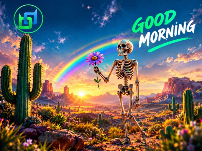 A digital illustration of a skeleton holding a purple flower in a desert landscape with cacti and a rainbow, with 'GOOD MORNING' text and a green logo in the upper corners.