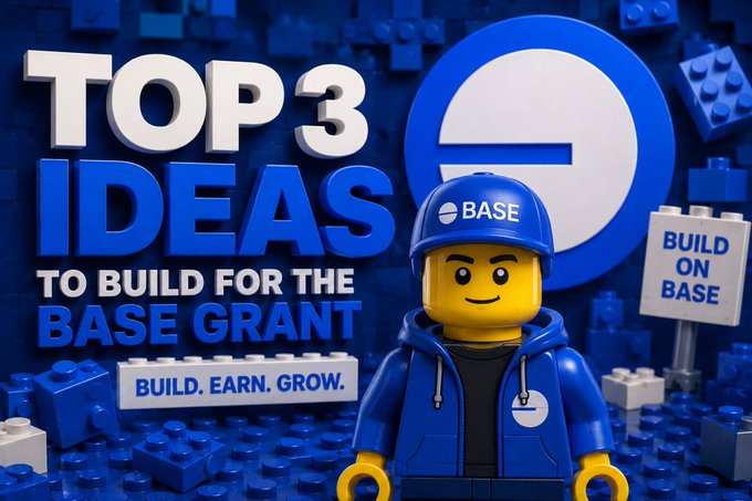 A promotional graphic featuring a LEGO-style minifigure wearing a 'BASE' cap and hoodie, with text reading 'TOP 3 IDEAS TO BUILD FOR THE BASE GRANT' and 'BUILD. EARN. GROW.' alongside a 'BUILD ON BASE' sign and the Base logo.