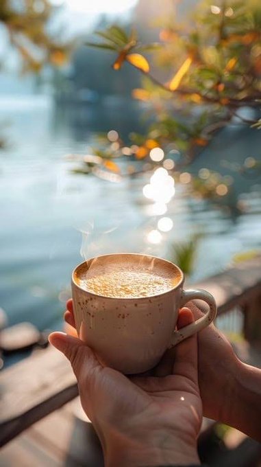 Person holding a steaming cup of coffee with a scenic lake and foliage background in warm lighting.