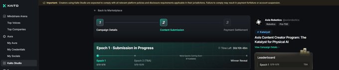 Screenshot of the Kaito Studio interface showing the Axis Robotics Content Creator Program campaign, with the "Content Submission" step currently active (step 2 of 3) and Epoch 1 submission in progress with a countdown timer. The sidebar displays "Kaito Studio" navigation and the right panel highlights the "Axis Robotics @axisrobotics" profile, the "Axis Content Creator Program: The Katalyst for Physical AI" campaign details, and a Leaderboard section.