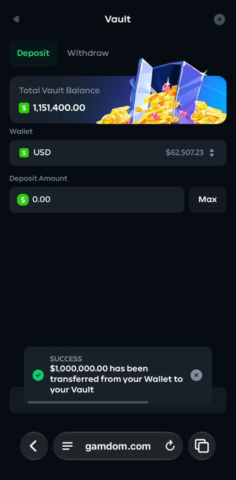 A mobile screenshot of the gamdom.com Vault interface on the Deposit tab shows a Total Vault Balance of $1,151,400.00 and a wallet balance of $62,507.23, with a success notification confirming "$1,000,000.00 has been transferred from your Wallet to your Vault," reflecting a substantial deposit during the user's gaming session.