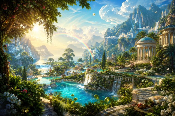 A vibrant fantasy landscape featuring turquoise waters, lush gardens, classical architecture, waterfalls, and a rainbow under a bright sky.