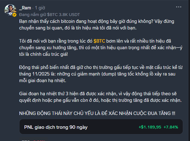 A Vietnamese social media post by 'Ram' discussing Bitcoin (BTC) price movements, mentioning a bullish structural trend since 11/2025 and showing PNL of +$1,189.95 (+7.84%) over 90 days.