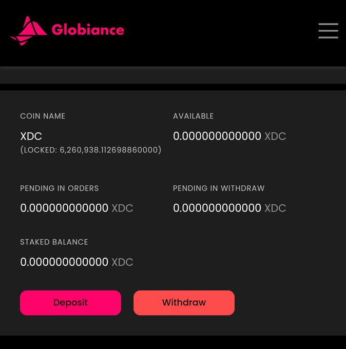 A Globiance wallet interface shows an XDC account with zero available balance but 6,260,938.112698886 locked tokens, featuring Deposit and Withdraw buttons.