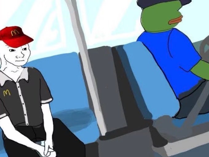 A cartoon/meme image showing a white-faced McDonald's employee sitting awkwardly next to a Pepe the Frog character driving a car.