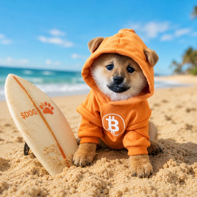 An adorable Shiba Inu puppy wearing an orange Bitcoin hoodie with the ₿ logo, sitting on a sandy beach next to a small surfboard branded with a paw print.