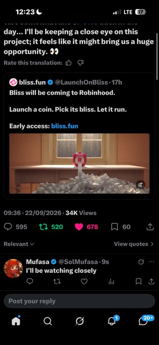 A screenshot of a Twitter/X post by @LaunchOnBliss announcing that 'Bliss' is coming to Robinhood with the tagline 'Launch a coin. Pick its bliss. Let it run,' along with a reply from user @SolMufasa saying 'I'll be watching closely.'