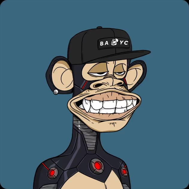 A digital illustration of a Bored Ape-style cartoon monkey with a wide grin, wearing a black cap that says 'BAYC' and a black futuristic outfit with red accents on a solid blue background.