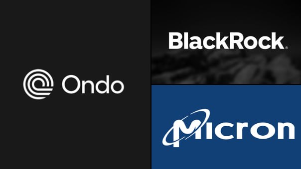 The image displays the logos of Ondo, BlackRock, and Micron, representing the partnership behind Ondo Finance's launch of SEC-compliant tokenized versions of BlackRock's $IVV and Micron's $MU shares on Ethereum, bridging traditional finance and decentralized finance.