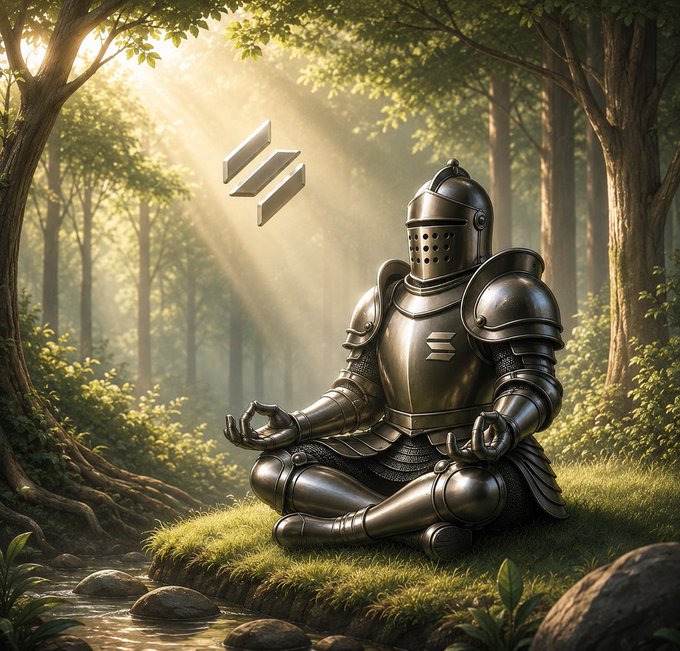 The image features a knight sitting cross-legged on grass with his legs crossed, wearing a metal suit of armor. The knight appears to be meditating or practicing mindfulness while surrounded by trees and rocks. The caption for this image reads "gm In Web3, attention can be rented but trust has to be earned. That scale longer than hype cycles." This suggests that the image is related to the concept of meditation or mindfulness in a digital age where people are constantly seeking ways to manage their time and focus on what's important. The knight represents the idea of being present and mindful in the moment, while the trees and rocks symbolize the distractions and external factors that can hinder our ability to be fully present.