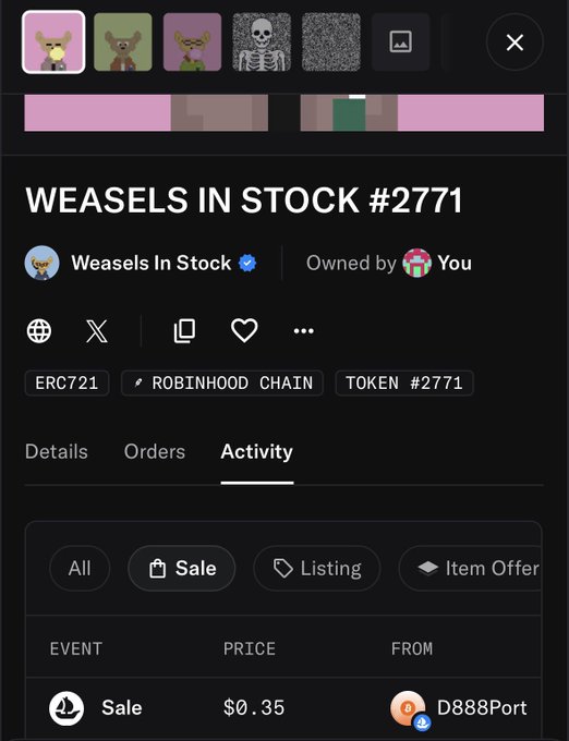 An NFT marketplace interface showing 'WEASELS IN STOCK #2771' with details like 'ERC721', 'ROBINHOOD CHAIN', 'TOKEN #2771', and a sale activity listed for $0.35.