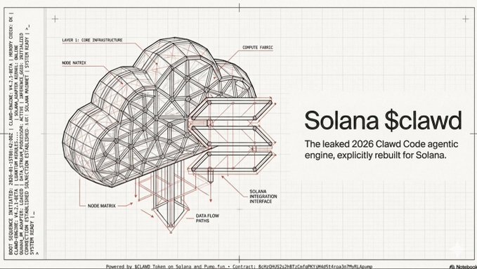 The image is a blueprint-style technical diagram of a cloud structure with server-like components, titled "Solana $clawd" and described as "The leaked 2026 Clawd Code agentic engine, explicitly rebuilt for Solana," featuring labeled parts like "Compute Fabric," "Core Infrastructure," and "Node Matrix." It connects to the post by visually representing the $CLAWD project's technical infrastructure on Solana, reinforcing the developer's pride in building the agentic engine for over 100 days.