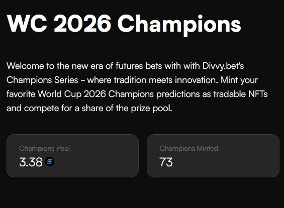 The image shows a page with information about the World Cup 2026 Champions Pool. The text on the page explains that the pool is open for betting, and it features two tables displaying the current match results. One table shows the number of matches won by each team in the pool, while the other displays the total volume of bets placed on those teams. The image also includes a list of match picks, which are likely used to determine the winning team based on the bet amounts.