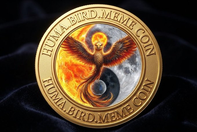 A gold-colored coin rests on dark fabric, featuring a phoenix rising against a moon backdrop with the text 'HUMA.BIRD.MEME COIN' inscribed around its border.