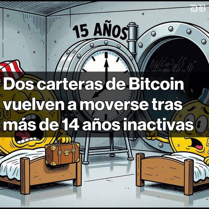 A cartoon showing surprised emojis emerging from beds with a "15 AÑOS" (15 years) clock, overlaid with Spanish text "Dos carteras de Bitcoin vuelven a moverse tras más de 14 años inactivas" from BeInCrypto.