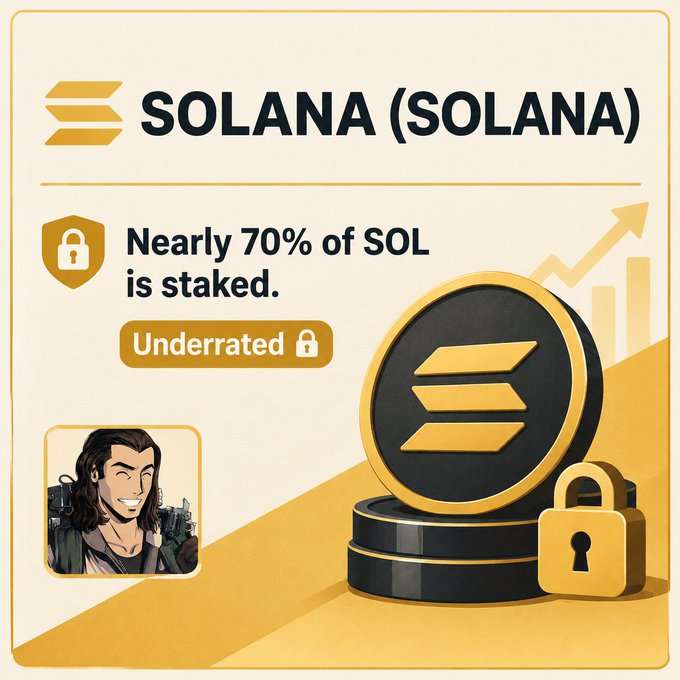 A Solana promotional graphic featuring the headline "SOLANA (SOLANA)" and the statistic "Nearly 70% of SOL is staked," along with an "Underrated" badge, a stylized coin with the Solana logo, a padlock icon, and an upward trending arrow chart — visually emphasizing the post's claim that Solana's high staking ratio makes it an underrated investment.