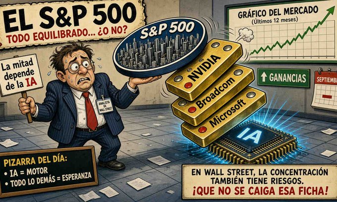 A Spanish-language cartoon illustrating concerns about the S&P 500, showing a worried businessman holding an S&P 500 weight supported by NVIDIA, Broadcom, and Microsoft bars on an 'IA' (AI) chip, with text warning that 'Half depends on AI' and asking 'Is everything balanced... or not?'