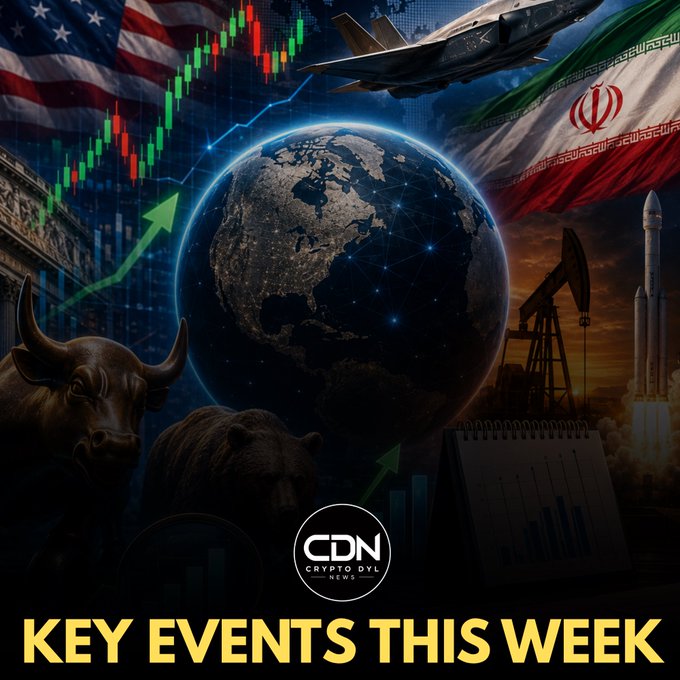 A Crypto Daily News (CDN) graphic titled 'KEY EVENTS THIS WEEK' featuring a globe, US and Iranian flags, a fighter jet, oil pump, rockets, stock chart, and bull and bear statues.